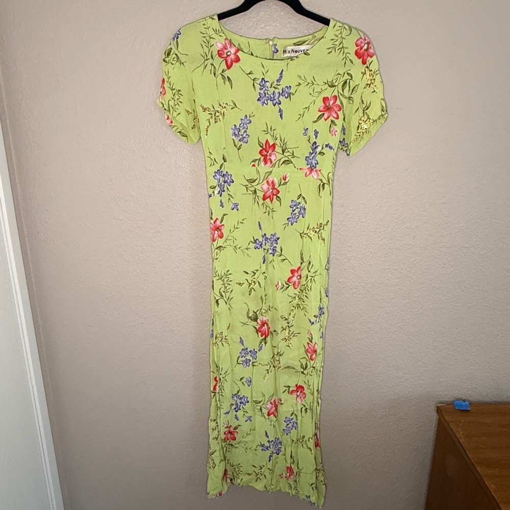 Vintage 90s Womens 4 Green Forest Floral‎ Fairy Sheer Maxi Dress Boho Granola